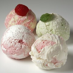 Delicious ice cream scoops, raspberry, mint, studio shot, sweet dessert