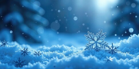 Glittering blue and silver snowflakes in a winter wonderland scene, silver, serene, glittering