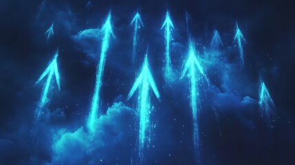 Abstract background with blue glowing arrows pointing upwards, representing growth and progress in technology or digital marketing. Abstract digital artwork with copy space.