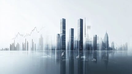 A futuristic city skyline with digital graphs and bar charts integrated into the architecture, visualizing the concept of investment return through growth