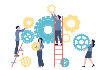 Teamwork business office team. Tiny managers with giant gears put parts together into one whole. Teambuilding, big project or startup recent vector scene