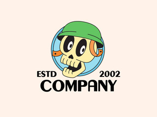 Skull wearing helmet logo cartoon hand drawn retro vintage vector for clothing lines, skate shops, and alternative lifestyle