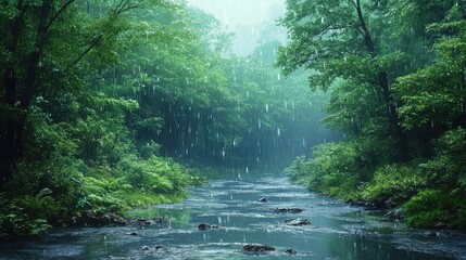 A lush, green forest scene depicting heavy rain.