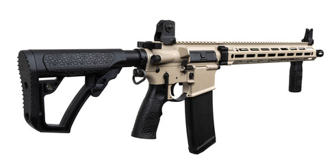 A modern semi-automatic rifle with a tan and black color scheme, featuring a collapsible stock, a Picatinny rail, and a vertical foregrip, isolated on a white back.