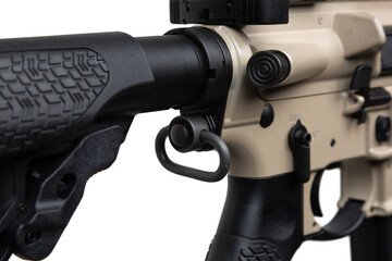 Close-up of a tactical rifle's stock and receiver, showcasing the detailed texture and components,...