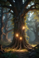 Glowing plants and vines entwining ancient tree trunks, mystical woods, eerie ambiance