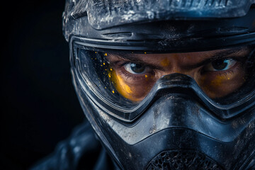 Close-Up of Paintball Players in Action, Wearing Protective Masks and Gear, Generative AI art