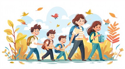 Joyful Mothers and Boys Walking to School Together. Diverse Classmates Enjoying Education Journey