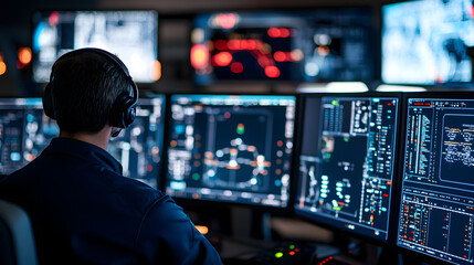 High-tech command center with glowing world map