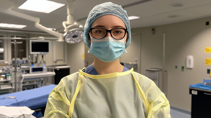 Portrait of female surgeon in an operating theatre, wearing face mask