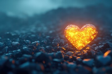 Fototapeta premium 3D Rendering of a Glowing Yellow Heart Symbol on a Pile of Broken Dark Hearts, Love Concept for Valentine's Day or Mother's Day Design