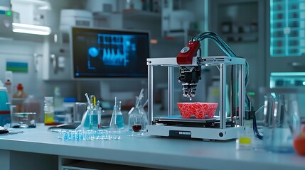 Advanced 3D Printer in a Modern Laboratory with Scientific Equipment and Digital Interface Display