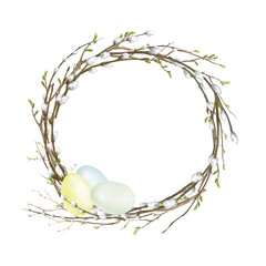 Willow wreath and spring twigs with delicate easter eggs. Watercolor digital illustration. Round easter willow frame with fluffy buds isolated on white background. Spring and easter theme, © Elena