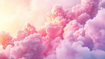 Fototapeta premium 3D Rendering of a Pink Heart-Shaped Cloud in the Sky with Sunset Light Background, Love Concept for Valentine's Day Card, Soft Pastel Colors and Dreamy Atmosphere