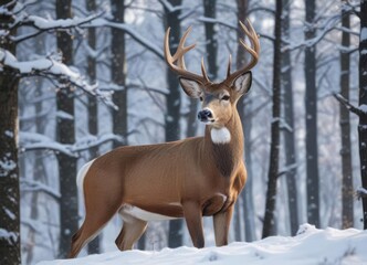 Gorgeous white tailed buck standing amidst snow-covered trees, peaceful, wintertime, woodland creature