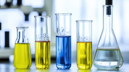 Lab chemicals reaction; test tubes, flask; science research