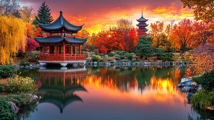 Fototapeta premium Autumn Serenity: A Captivating Chinese Garden at Sunset