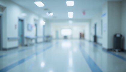 Blurred view of a hospital hallway with bright lighting, teal walls, and clinical atmosphere, symbolizing healthcare or medical facilities.