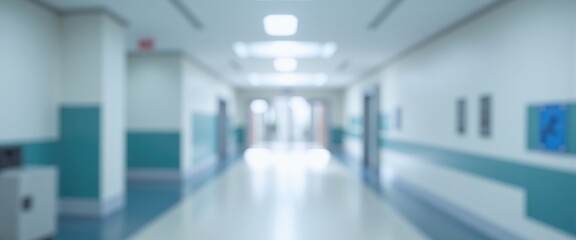 Blurred view of a hospital hallway with bright lighting, teal walls, and clinical atmosphere, symbolizing healthcare or medical facilities.
