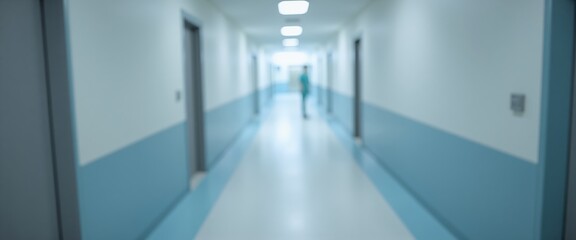 Blurred view of a hospital hallway with bright lighting, teal walls, and clinical atmosphere, symbolizing healthcare or medical facilities.