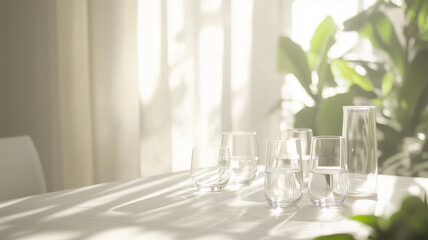 白いテーブルと整然とした水入りグラスの美しさ