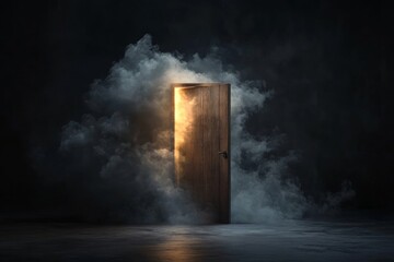 Mysterious door illuminated by light and surrounded by fog.