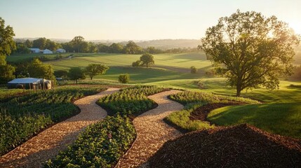 Obraz premium Organic gardening concept. Serene landscape showcasing winding paths and lush greenery at dawn.