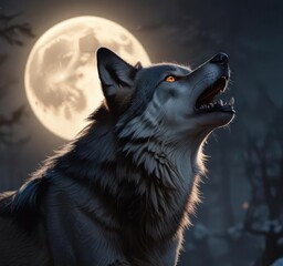 Naklejka premium Grey wolf with glowing eyes howling under full moon, night vision, wildlife photography, hunter