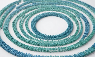Grid of tiny green and blue silicon chips arranged in a spiral pattern on a white background, interconnected components, green tech, component grid