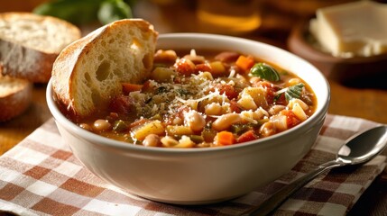 A bowl of traditional Italian minestrone soup with vegetables, beans, and pasta