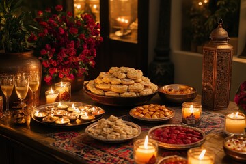 Naklejka premium A Diwali setup with candles, rangoli, and sweets