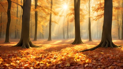 Golden sun rays illuminate a mystical autumn forest floor covered in fallen leaves, creating a magical scene.