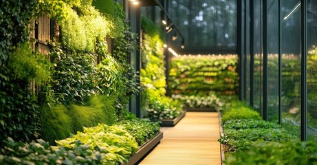 Obraz premium Indoor gardening idea. A lush indoor garden featuring vibrant green plants and a wooden walkway.