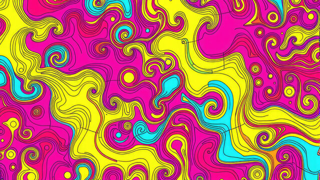 Groovy pattern of interlocking shapes and patterns in bold bright colors like red purple yellow turquoise with wavy lines and texture, yellow, turquoise, pattern, interlocking, colors