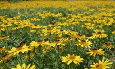 Obraz premium Group of bees flying towards and surrounding a bright yellow spring groundsel field, bee flight, flower fields, groundsel