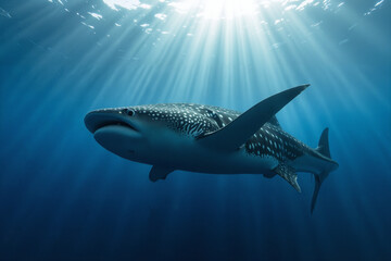 Fototapeta premium Whale shark swimming in sunlit ocean waters