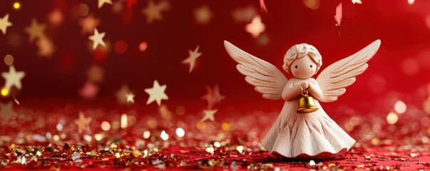 Festive angel figurine on starry red background with glitter decorations
