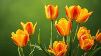 Group of yellow and red tulips against a green backdrop, red, vibrant, tulips, group, flowers