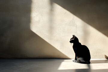A black cat sitting quietly in sunlight streaming through a window, casting shadows on a wall