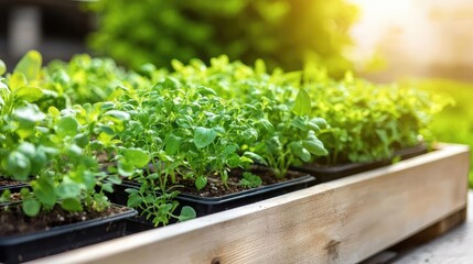 Organic gardening concept. Fresh green herbs growing in sustainable wooden planters under sunlight.