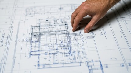Architect reviewing blueprints, planning building design, construction site background