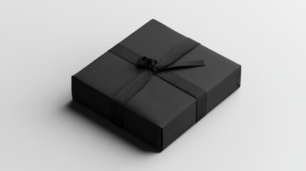 A black gift box with a black ribbon and bow on a white background, exuding elegance and sophistication.