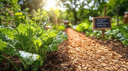 Small-scale farming gardening idea. Lush green garden featuring lettuce plants and a sunny pathway with wooden mulch.