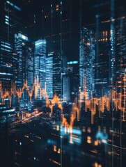 Naklejka premium Business chart double exposure, cityscape with stock market graph, investment banking dark blurred motion diagram