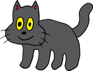 funny cartoon gray cat with yellow eyes and big cheeks standing and looking at the camera