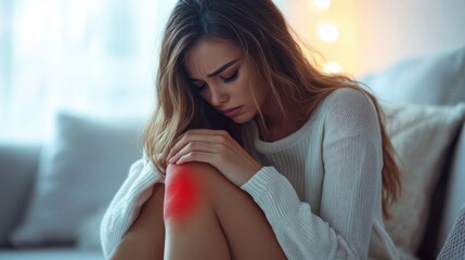 A woman sits on a couch, holding her painful knee highlighted with a red glow, indicating an injury or pain.