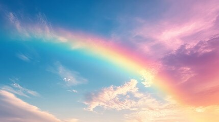 Obraz premium Pastel rainbow arcs across a clear blue sky, filled with soft light blue, pink, and yellow tones 