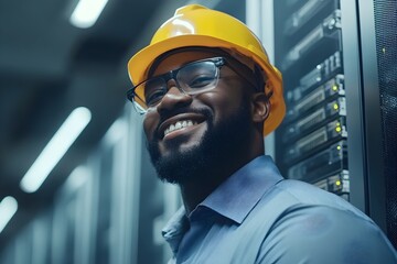 Smiling African American IT Technician Wearing Yellow Hard Hat and Glasses in Modern Data Center Server Room Happy Professional Network Engineer Happy