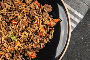 Rice lentil and vegetables snack fresh tasty food dish vegetarian vegan food no meat gourmet food background on the table rustic food top view copy space keto and paleo diet