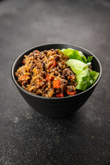 Rice lentil and vegetables snack fresh tasty food dish vegetarian vegan food no meat gourmet food background on the table rustic food top view copy space keto and paleo diet